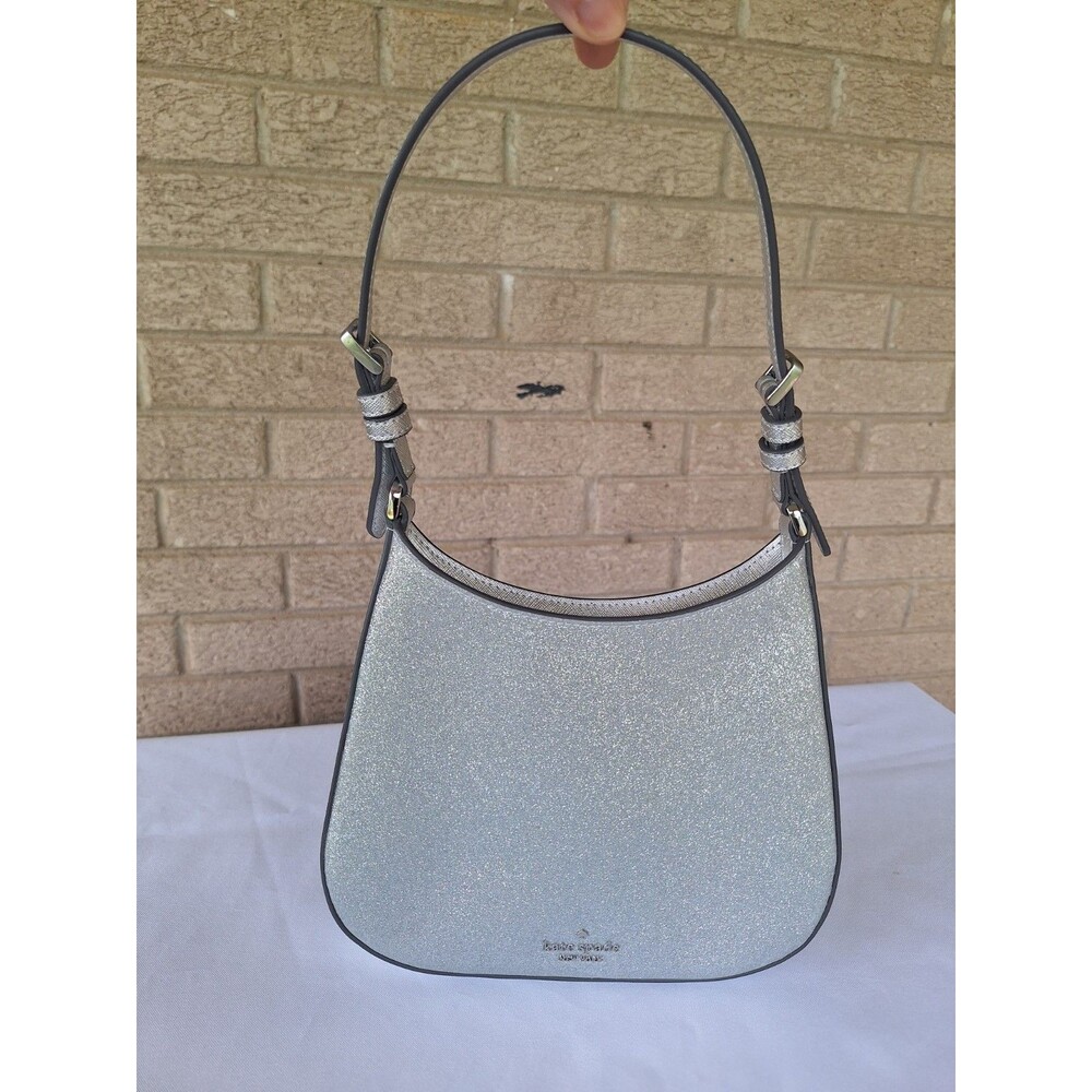 kate spade new york Silver Metallic Glitter Crescent Shoulder Bag Zip Closure